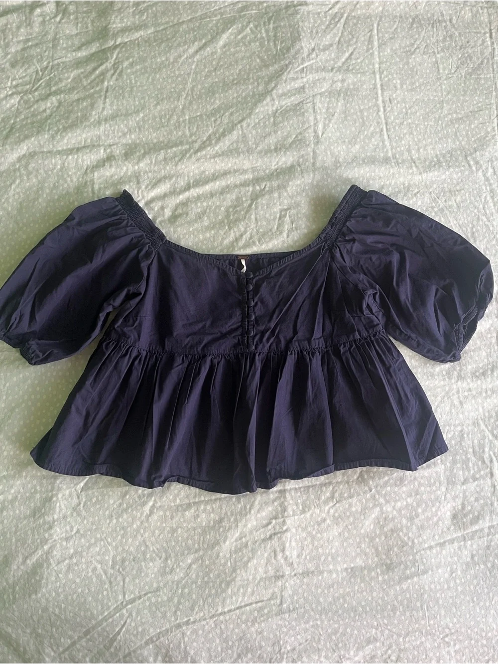 Free People Indigo Puff Sleeve Off Shoulder Crop Babydoll Blouse, size S